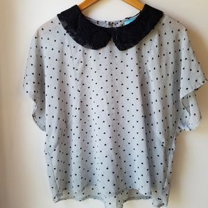 Lace Collar Polka-Heart Gray Blouse